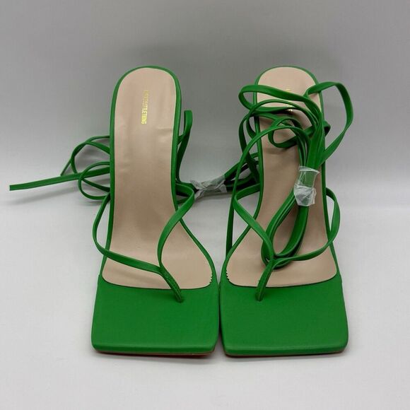 PrettyLittleThing Pu ThongLace Tie Up Circle Heeled Sandals New - Picture 2 of 8